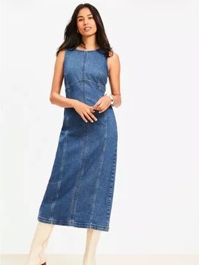 LOFT Seamed Denim Midi Dress in Mid Wash Blue (sold out online)